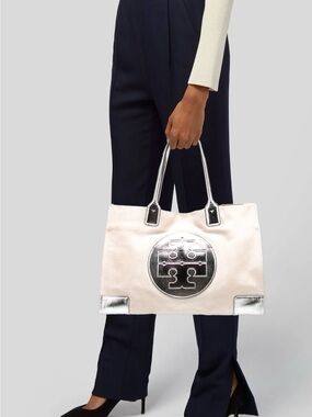Tory Burch Ella Metallic Canvas Tote Bag with Silver Trim - Cream
